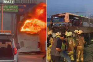 Eyüpsultan'da bariyere çarpan yolcu otobüsü alev aldı: 2 ölü, 8 yaralı